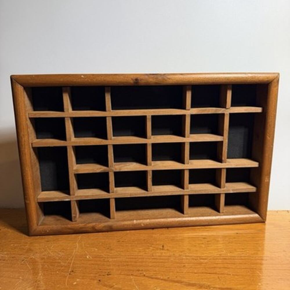 Vtg Knick Knack Miniatures Display Shelf Wood 26 Slot Shadow Trinket 17" Cottage